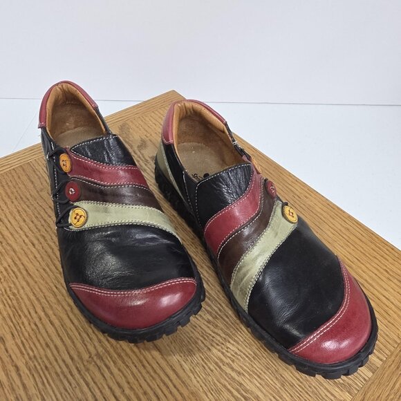 Spring Step L'Artiste Shoes Womens Size 8 Black Red Colorblock Leather Button - Picture 1 of 8